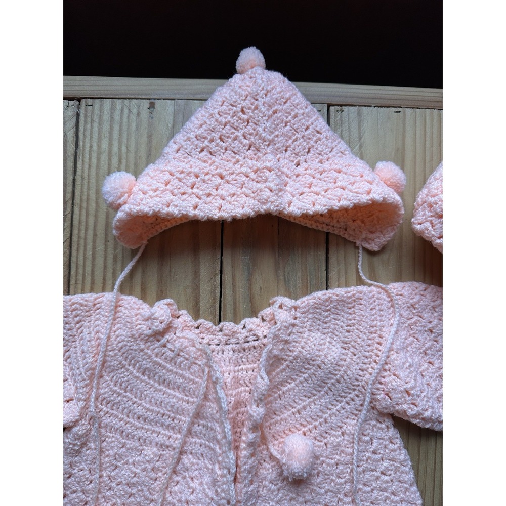 Vintage Baby Pink/Peach Knitted / Crocheted Sweater Hat And Blanket Set - Picture 4 of 12